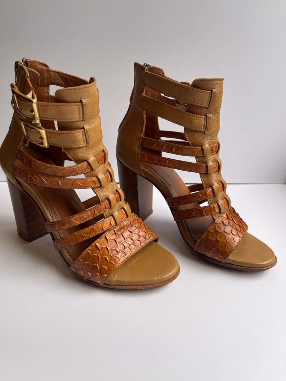 Women's Embossed Leather Tan Strappy Block Heel Sandals